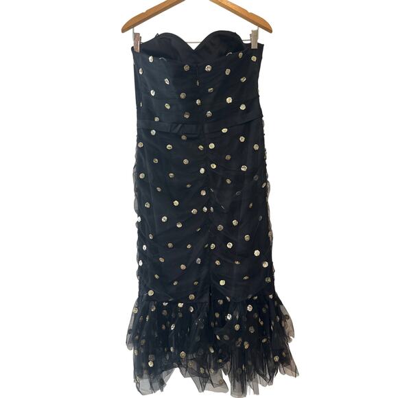 Marchesa Notte NWT Strapless Black Gold Sequin Polka Dot Tulle Midi Dress Sz 8 - Picture 4 of 10